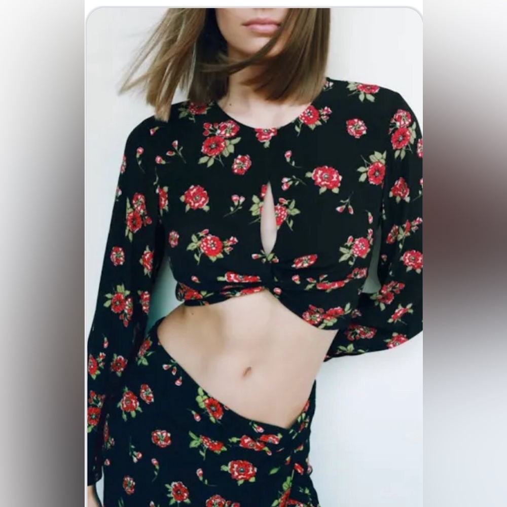 NWT. Women’s Zara Black Cropped Top w/ Red Floral Print. Sz Small. Long Sleeves.